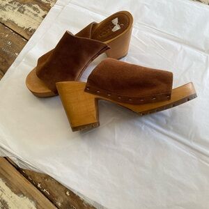 Rag & Co. Brown Block Heel Mules with Suede Texture